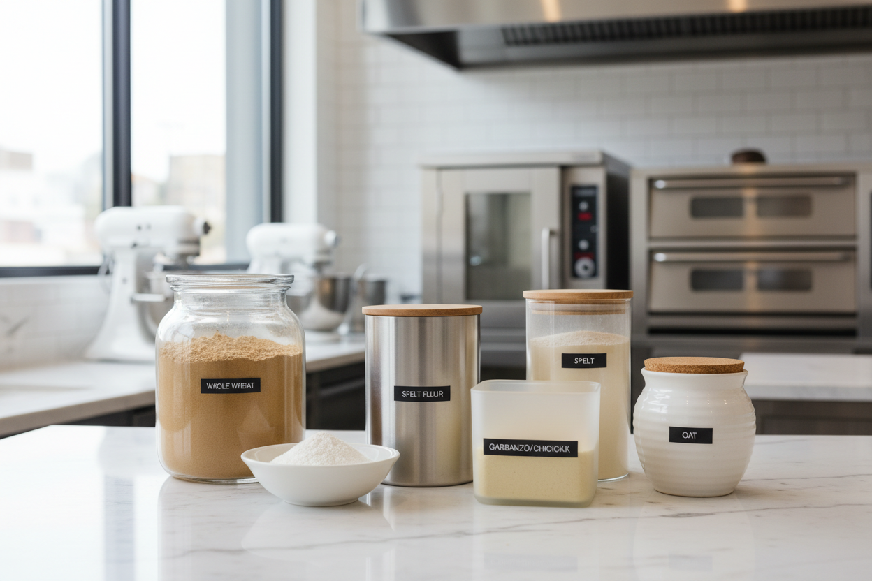 realistic human-grade whole wheat flour, rice, spelt, garbanzo, and oat flour for a modern bakery