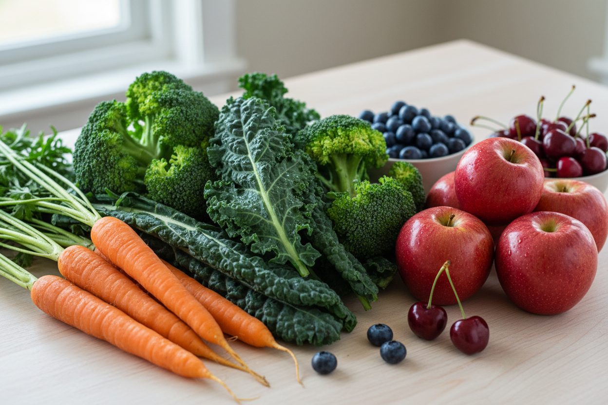 Very realistic and fresh vegetables like kale, broccoli, carrots, apples, blueberries, and local Michigan cherries from Michigan, USA on a table